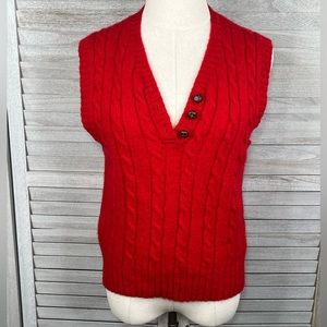 B.I. GEAR Vintage Cable Knit Shetland Wool Sweater Vest Buttoned V Neck Red-L